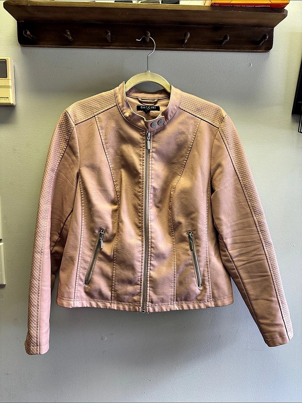 Baccini Faux Leather Moto Jacket in Blush Pink Size Large